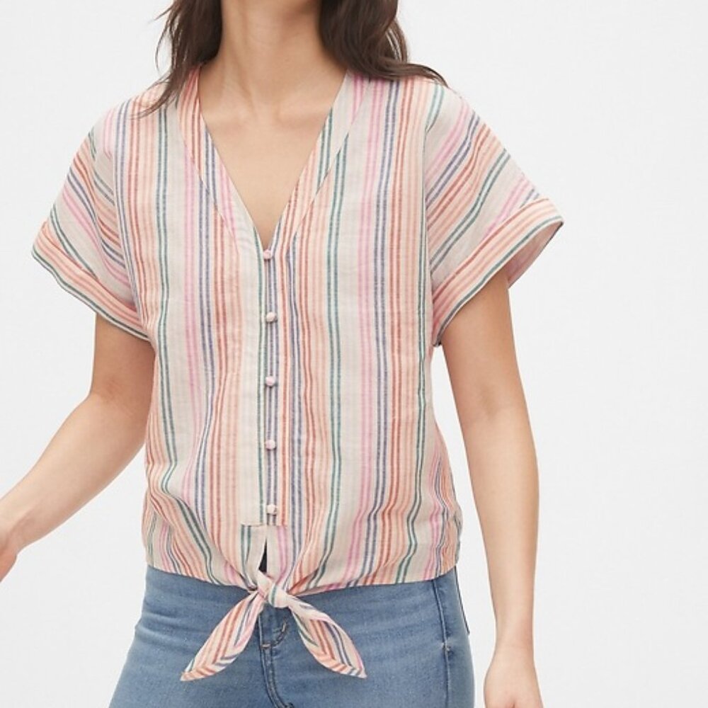 EUC Women's Gap Tie-Front Top, multi color stripe, linen blend - medium - Picture 2 of 7